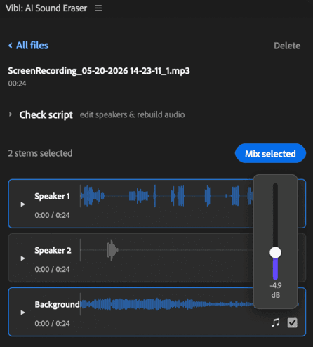 vibi panel in Premiere Pro — stem separation with per-speaker mix controls